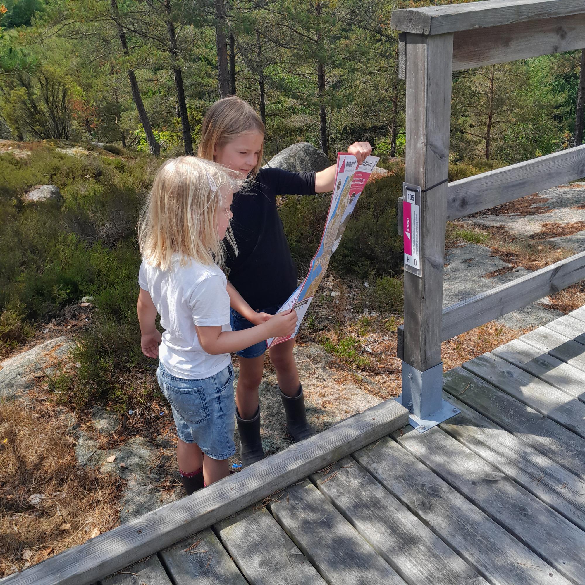 Två barn orienterar och kollar på en karta