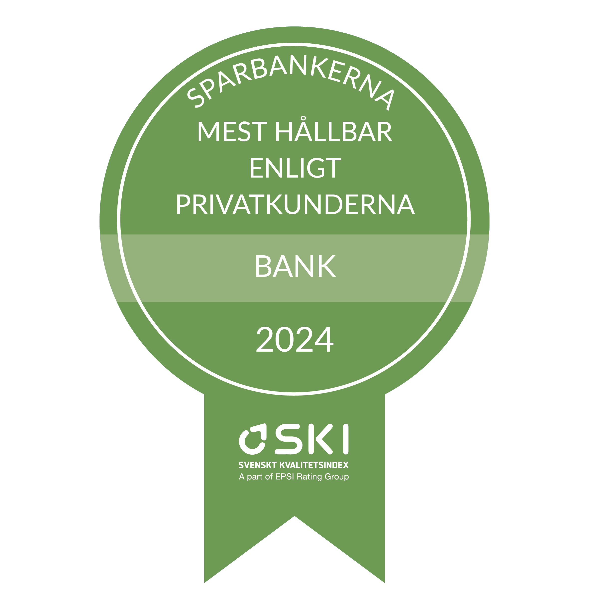 Grön medalj med texten "Sparbankerna - Mest Hållbar enligt privatkunderna - Bank 2024 - SKI - Svenskt Kvalitetsindex"