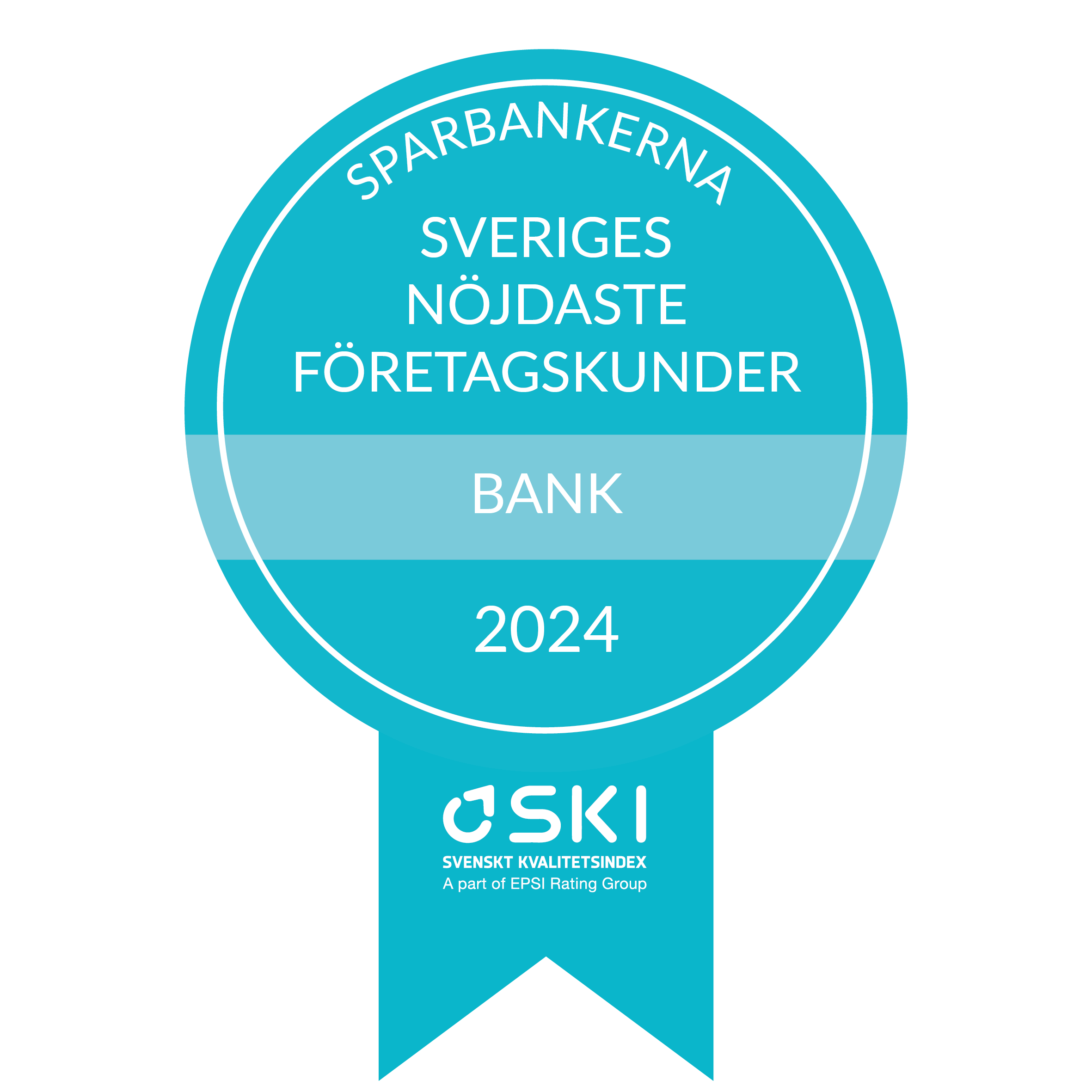 Blå medalj med texten "Sparbankerna - Sveriges nöjdaste företagskunder - Bank 2024 - SKI - Svenskt Kvalitetsindex"