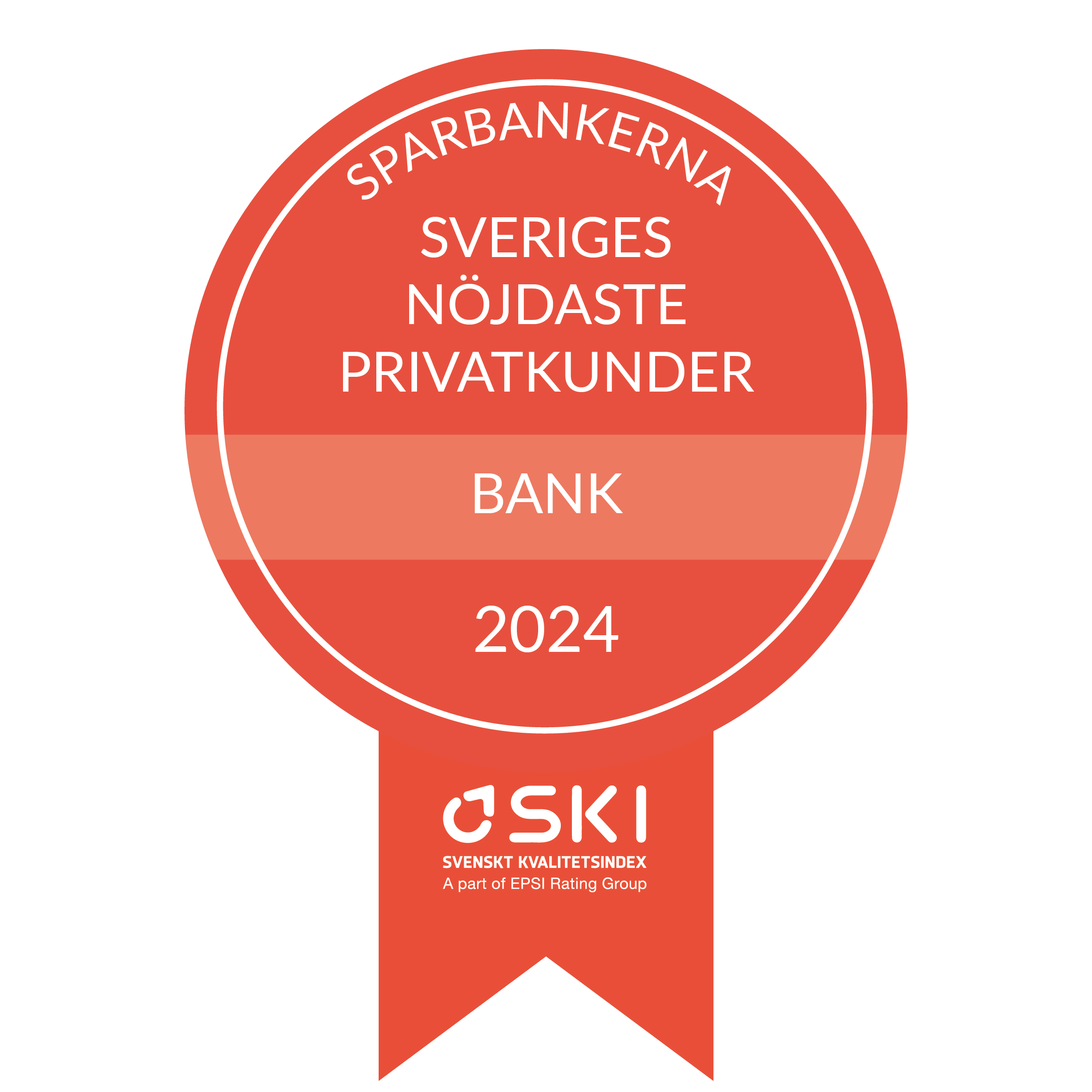 Röd medalj med texten "Sparbankerna - Sveriges nöjdaste privatkunder - Bank 2024 - SKI - Svenskt Kvalitetsindex"